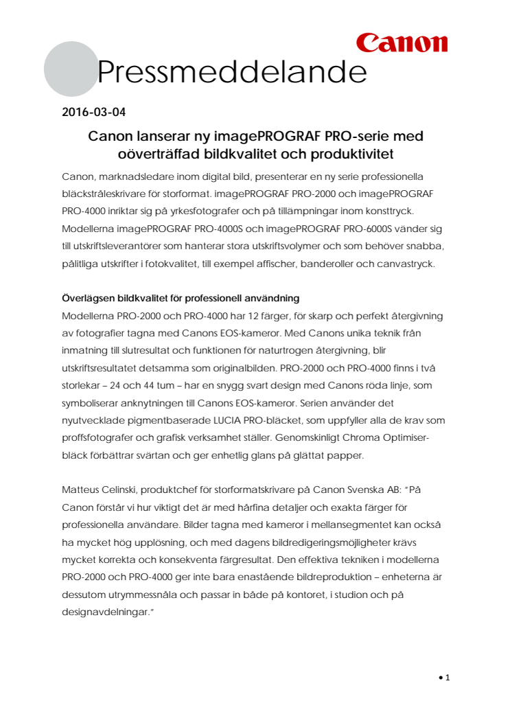 Canon lanserar ny imagePROGRAF PRO-serie med oöverträffad bildkvalitet och produktivitet