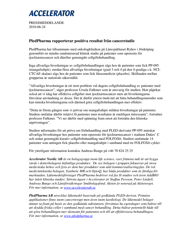 PledPharma rapporterar positiva resultat från cancerstudie