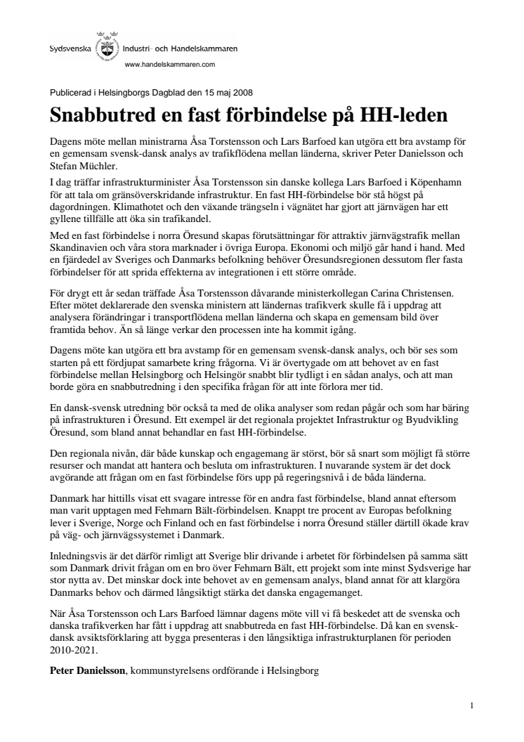 Snabbutred en fast förbindelse på HH-leden