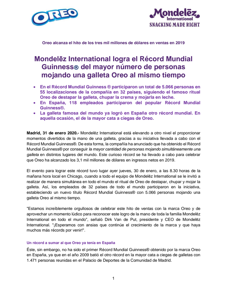 Mondelēz International logra el Récord Mundial Guinness® del mayor número de personas mojando una galleta Oreo al mismo tiempo