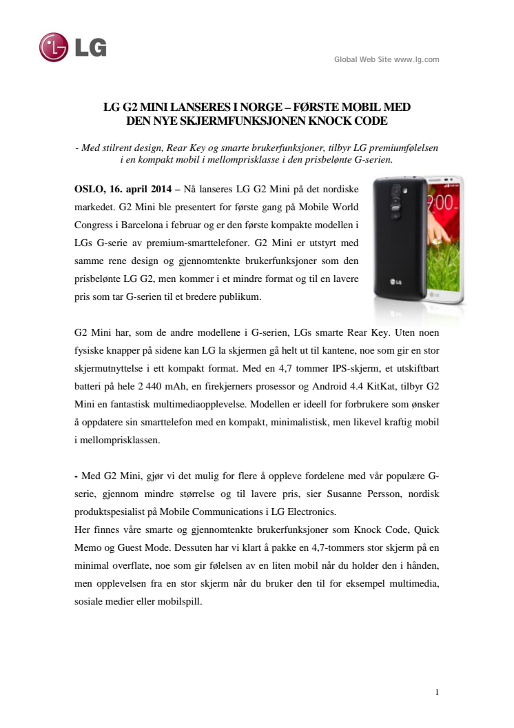 LG G2 MINI LANSERES I NORGE – FØRSTE MOBIL MED  DEN NYE SKJERMFUNKSJONEN KNOCK CODE