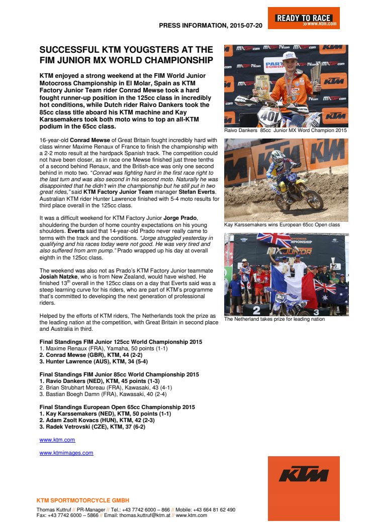 SUCCESSFUL KTM YOUGSTERS AT THE FIM JUNIOR MX WORLD CHAMPIONSHIP