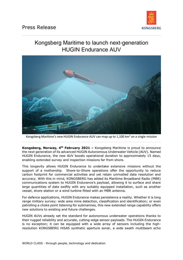 Kongsberg Maritime to launch next generation HUGIN Endurance AUV