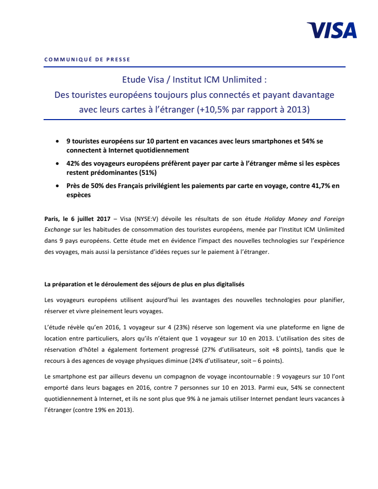 Etude Visa / Institut ICM Unlimited : Des touristes européens toujours plus connectés et payant davantage avec leurs cartes à l’étranger (+10,5% par rapport à 2013)