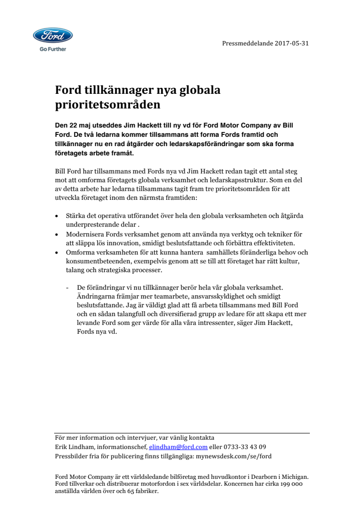 Ford tillkännager nya globala prioritetsområden