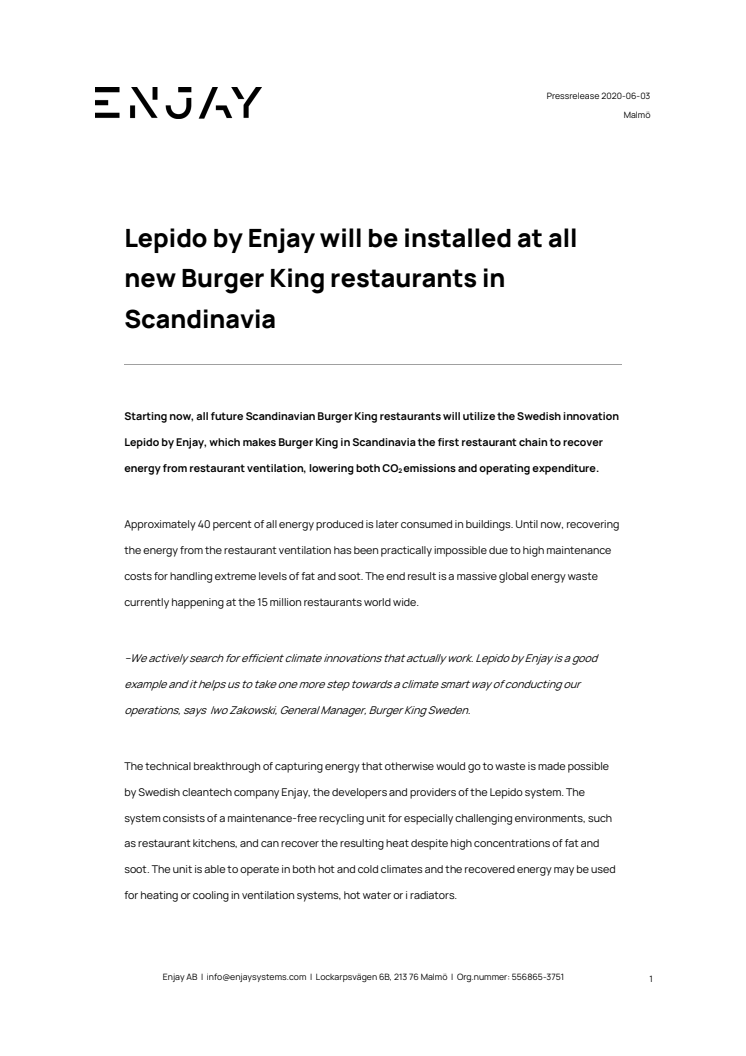 Lepido by Enjay will be installed at all new Burger King restaurants in Scandinavia