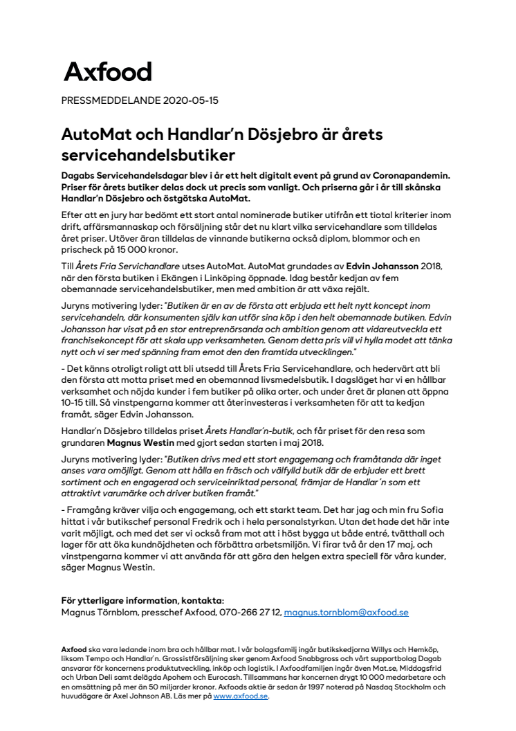 AutoMat och Handlar’n Dösjebro är årets servicehandelsbutiker