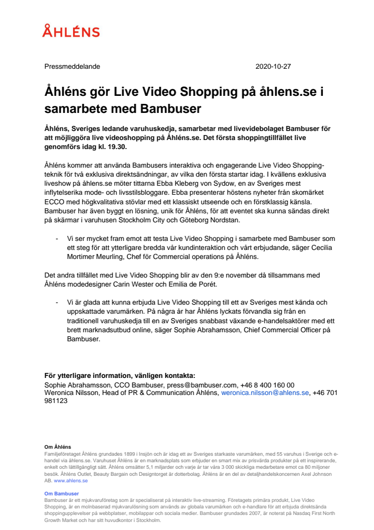 Åhléns gör Live Video Shopping på åhlens.se i samarbete med Bambuser 