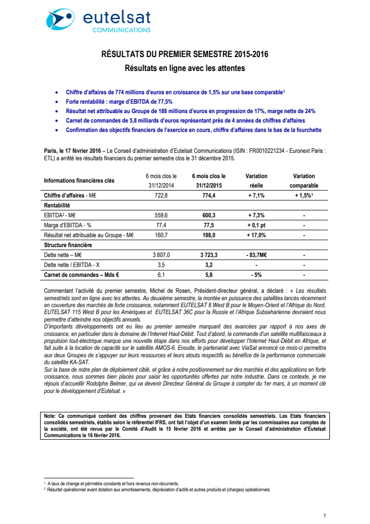 RÉSULTATS DU PREMIER SEMESTRE 2015-2016