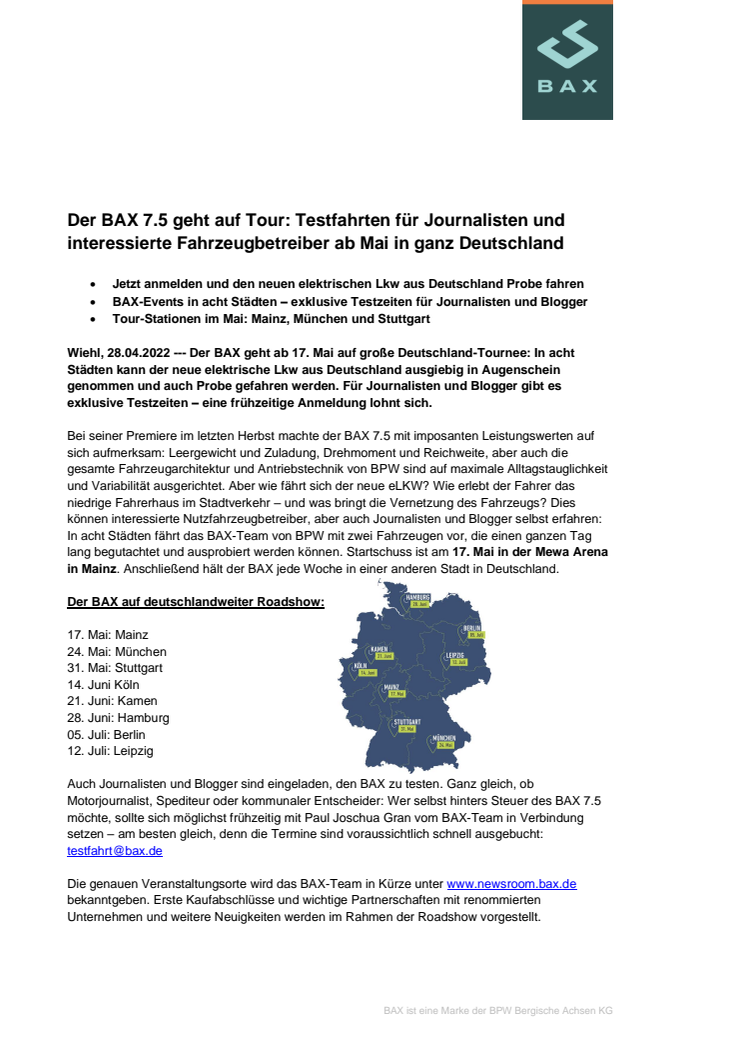  Übersicht: BAX Roadshow