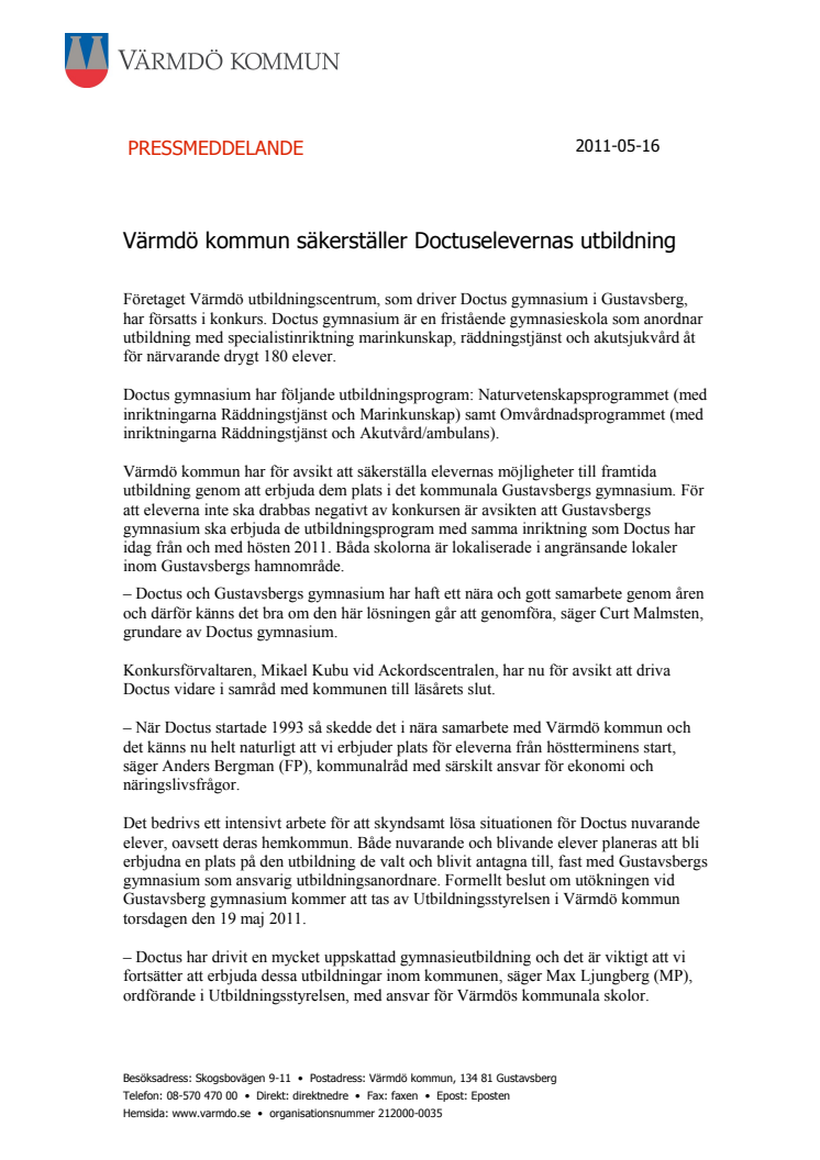Värmdö kommun säkerställer Doctuselevernas utbildning