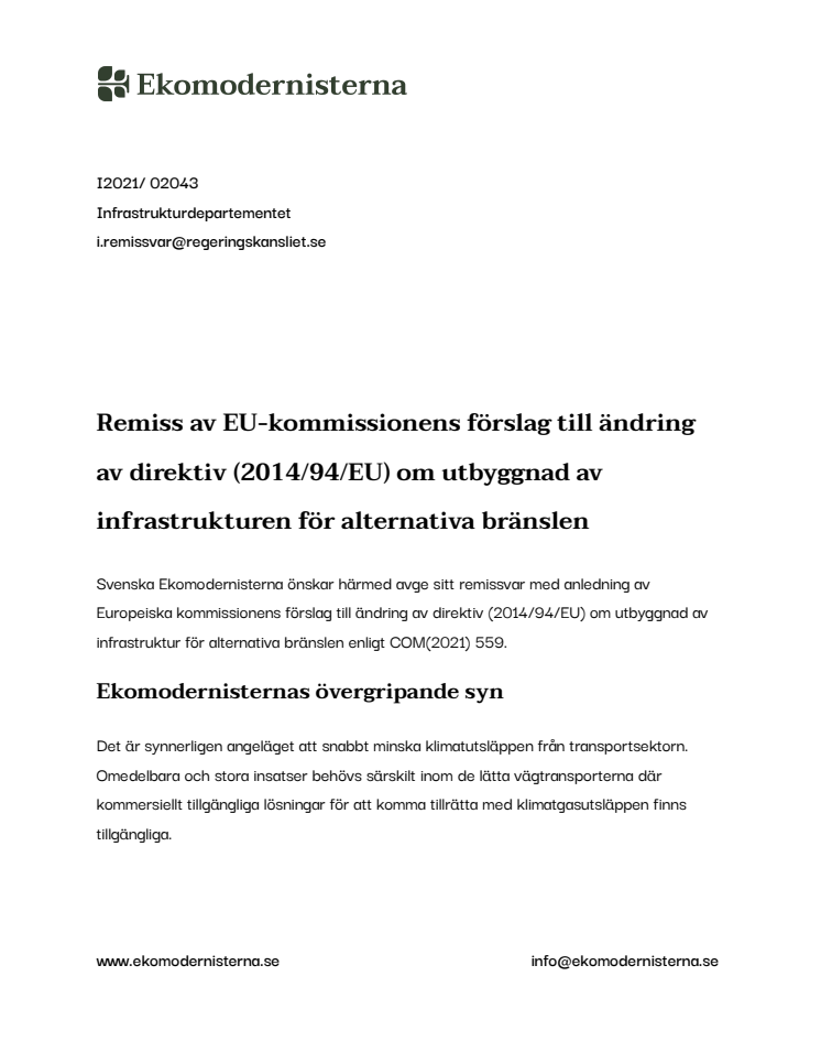 Remiss av EU-kommissionens förslag till ändring av direktiv (2014/94/EU) om utbyggnad av infrastrukturen för alternativa bränslen