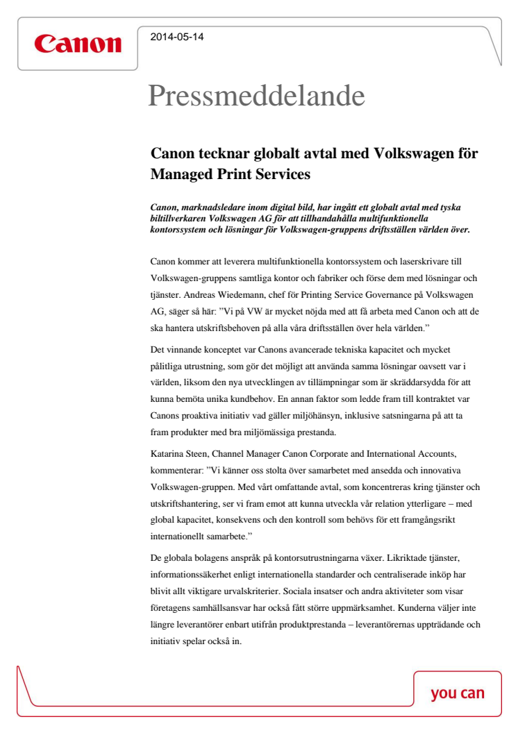 Canon tecknar globalt avtal med Volkswagen för Managed Print Services