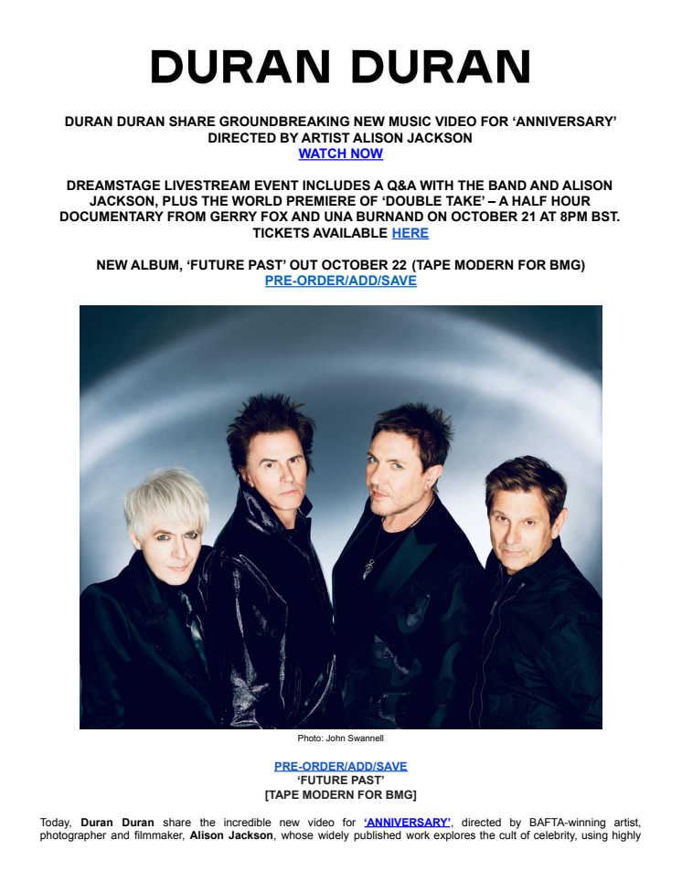 Videon "ANNIVERSARY" - engelsk pressrelease