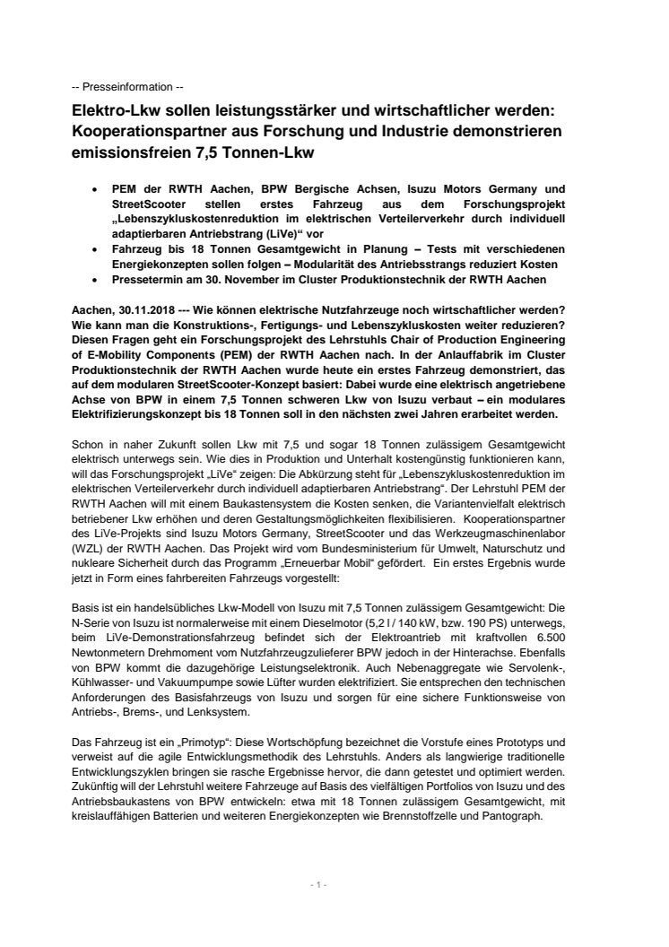 Pressemitteilung PEM der RWTH Aachen: "Elektro-Lkw sollen leistungsstärker und wirtschaftlicher werden: Kooperationspartner aus Forschung und Industrie demonstrieren emissionsfreien 7,5 Tonnen-Lkw"