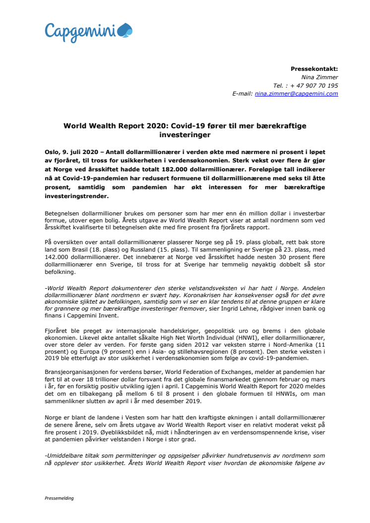World Wealth Report 2020: Covid-19 fører til mer bærekraftige investeringer