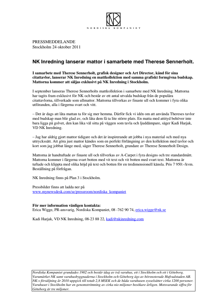 NK Inredning lanserar mattor i samarbete med Therese Sennerholt.