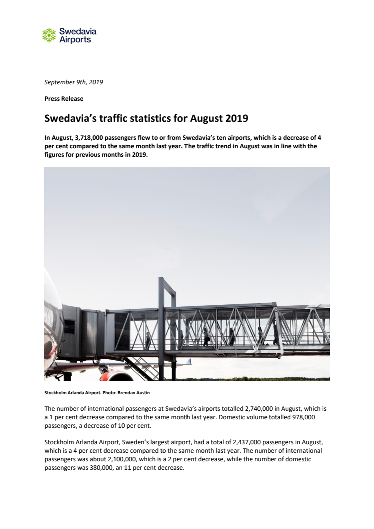Swedavia's traffic statistics for August 2019