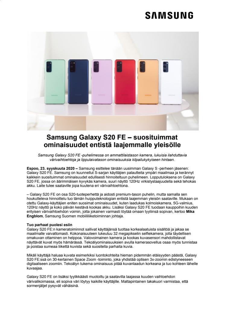Samsung Galaxy S20 FE – suosituimmat ominaisuudet entistä laajemmalle yleisölle