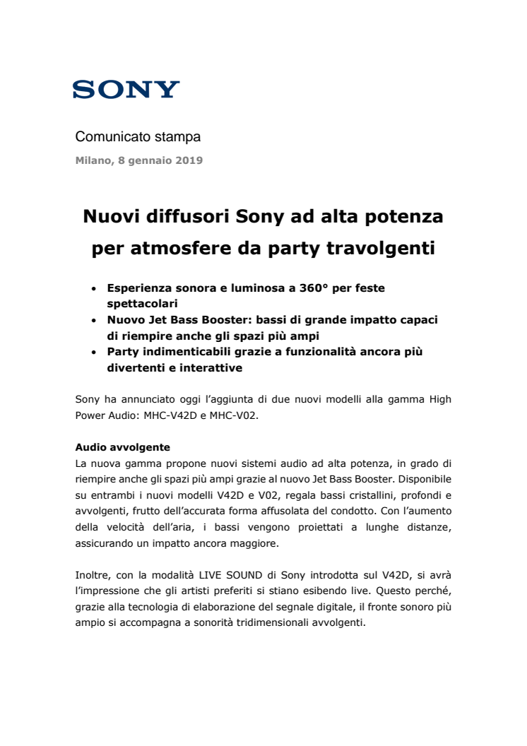 Nuovi diffusori Sony ad alta potenza per atmosfere da party travolgenti