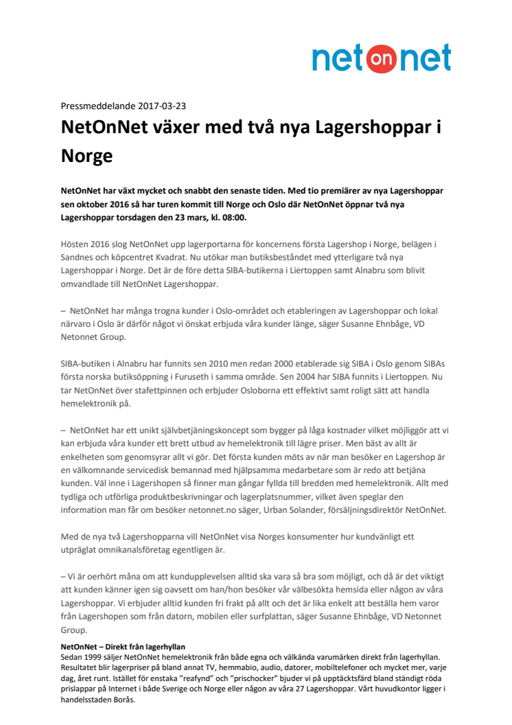 NetOnNet växer med två nya Lagershoppar i Norge