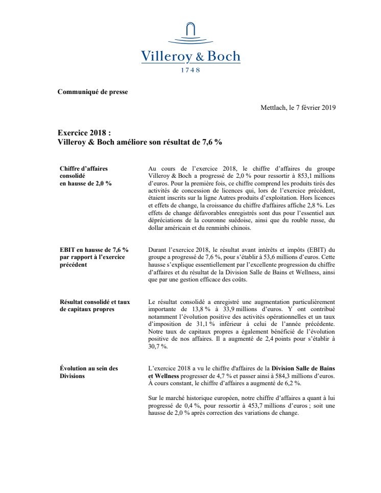 Exercice 2018 : Villeroy & Boch améliore son résultat de 7,6 %