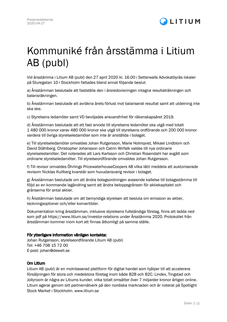 Kommuniké från årsstämma i Litium AB (publ) 