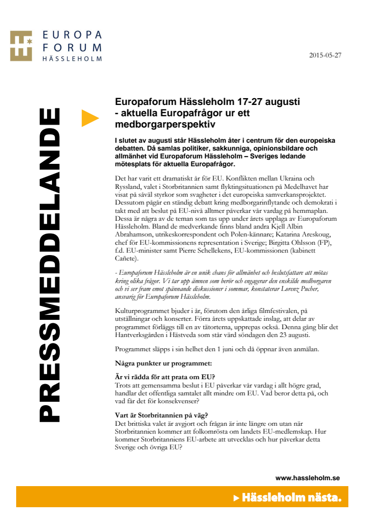Europaforum Hässleholm 2015 - Aktuella Europafrågor ur ett medborgarperspektiv