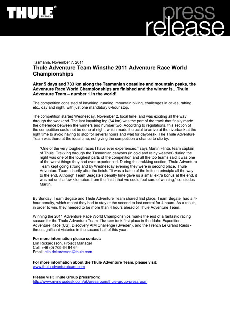 Thule Adventure Team Wins the 2011 Adventure Race World Championships