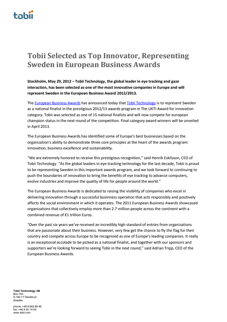 Tobii Selected as Top Innovator, Representing Sweden in European Business Awards