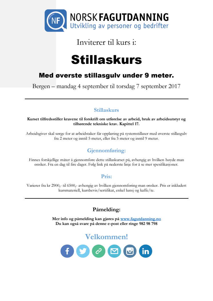 Invitasjons til kurs i stillas med oppstart 4 september 2017 - i Bergen
