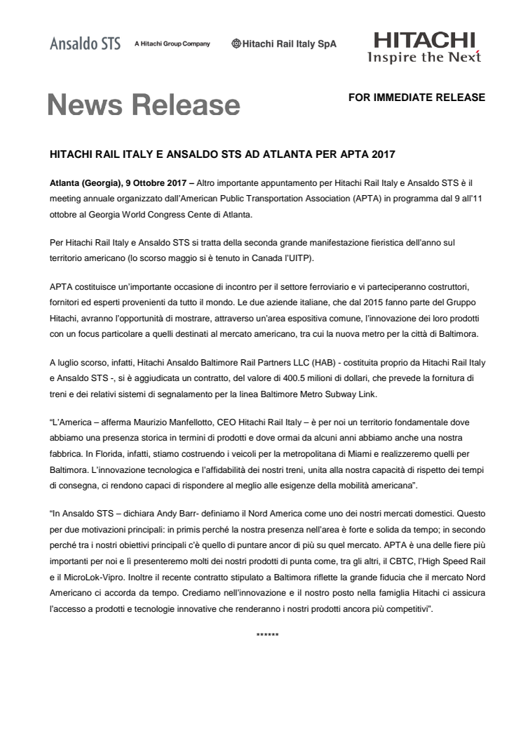 Hitachi Rail Italy e Ansaldo STS ad Atlanta per APTA 2017