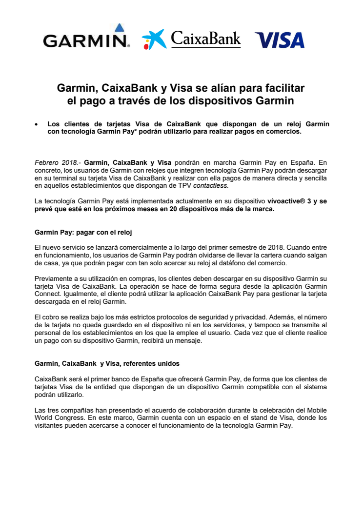 Garmin, CaixaBank y Visa se alían para facilitar  el pago a través de los dispositivos Garmin