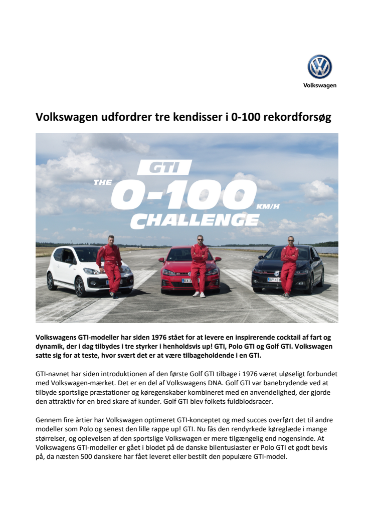 Volkswagen udfordrer tre kendisser i 0-100 rekordforsøg