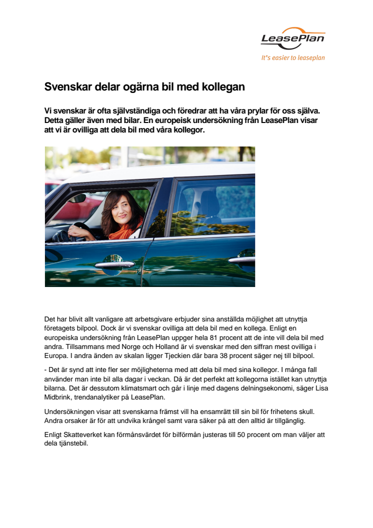 Svenskar delar ogärna bil med kollegan