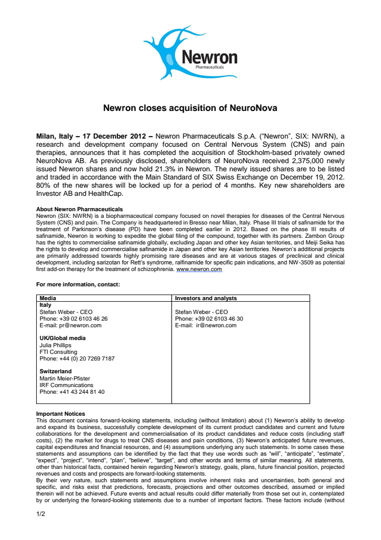 Newron closes acquisition of NeuroNova