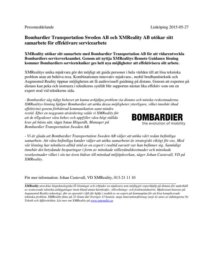 Bombardier Transportation Sweden AB och XMReality AB utökar sitt samarbete för effektivare servicearbete