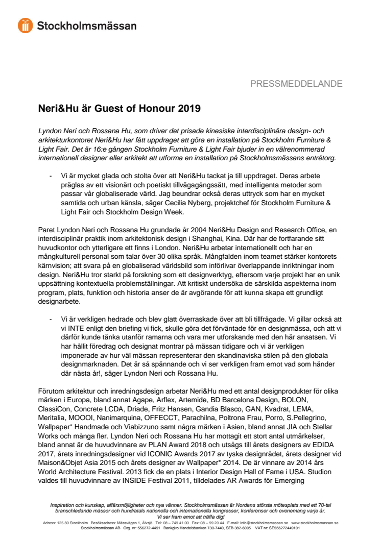 Neri&Hu är Guest of Honour 2019
