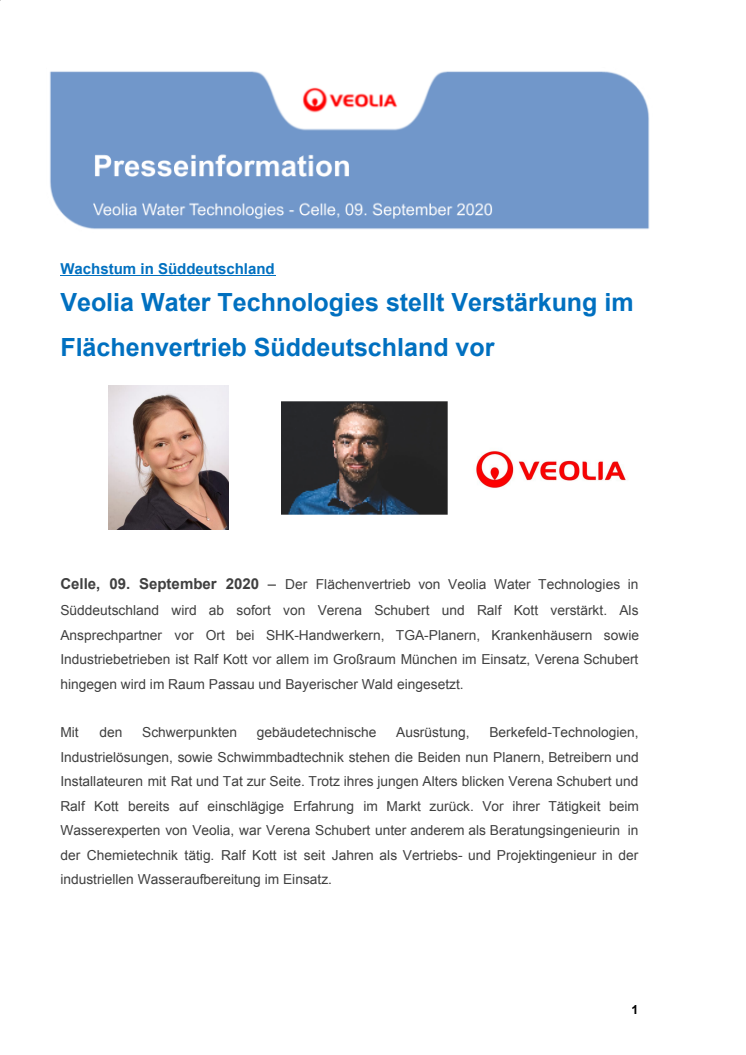 Veolia Water Technologies stellt Verstärkung im Flächenvertrieb Süddeutschland vor