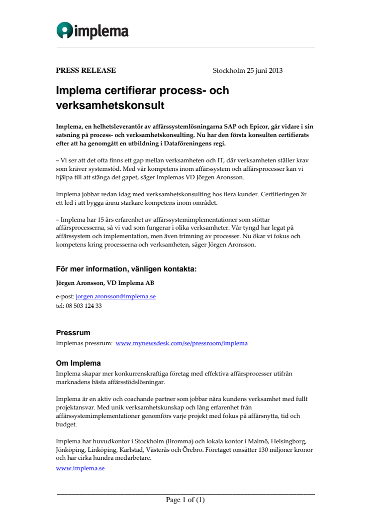 Implema certifierar process- och verksamhetskonsult