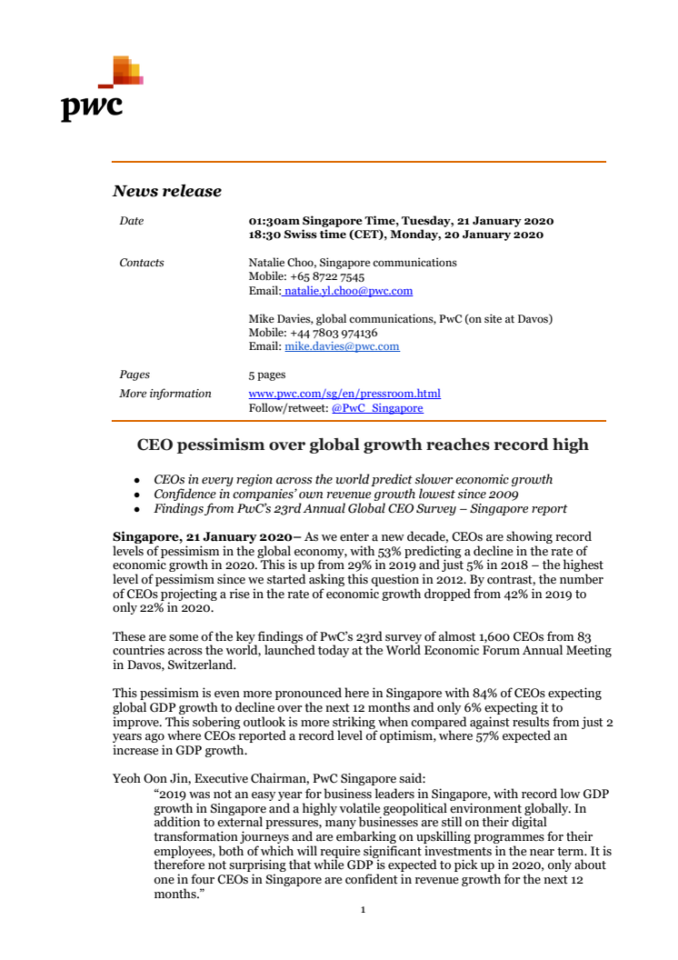 CEO pessimism over global growth reaches record high