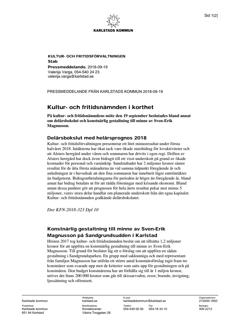 Kultur- och fritidsnämndens beslut i korthet 19 september