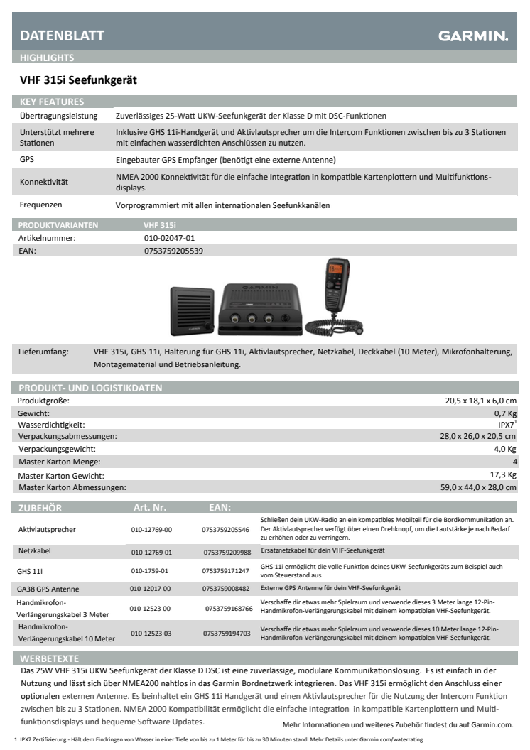 Datenblatt Garmin VHF315i