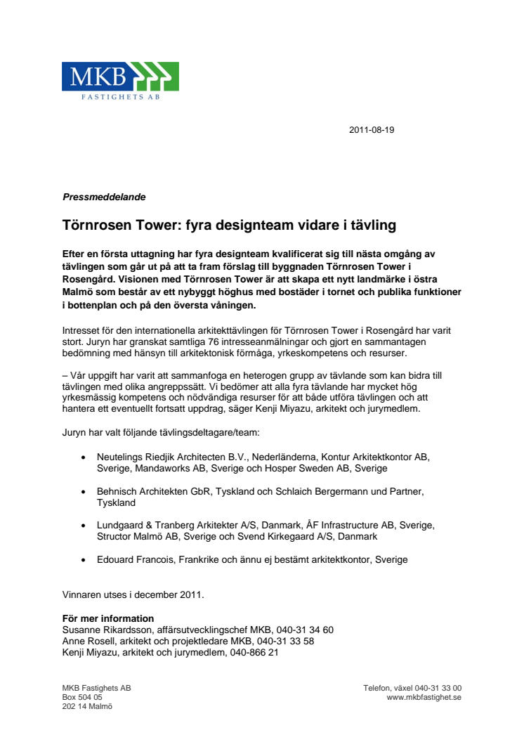 Törnrosen Tower: fyra designteam vidare i tävling