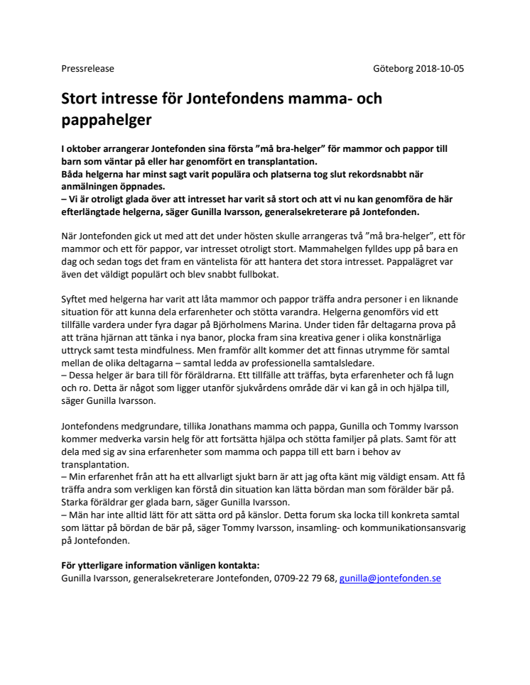 Stort intresse för Jontefondens mamma- och pappahelger