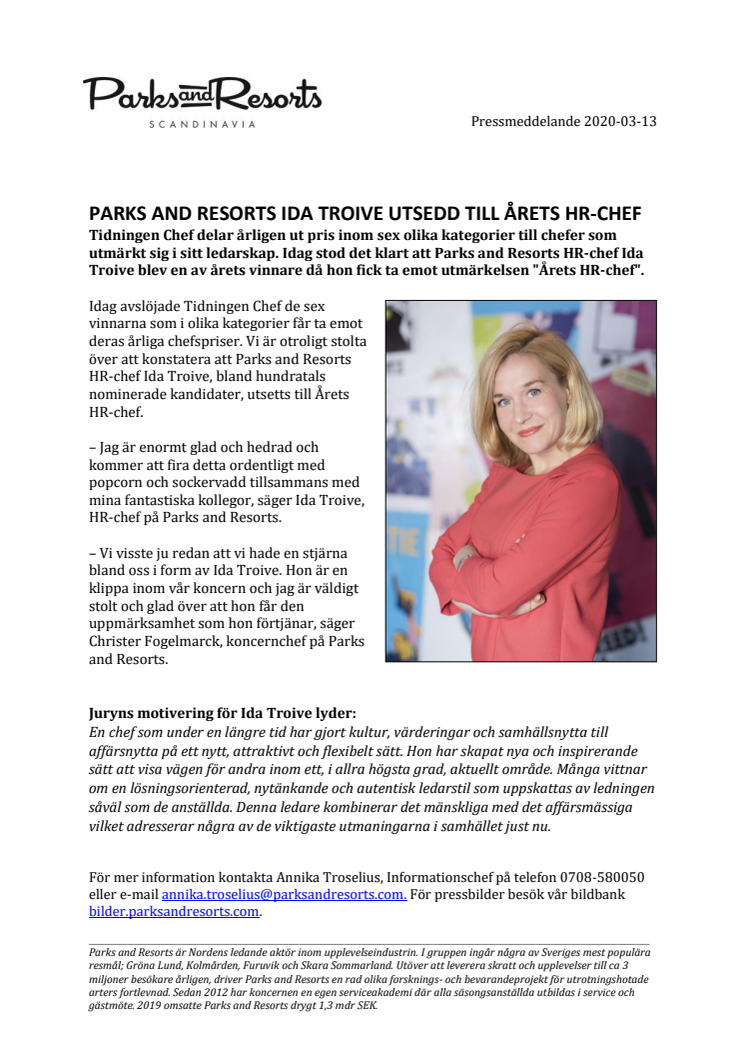 Parks and Resorts Ida Troive utsedd till Årets HR-chef