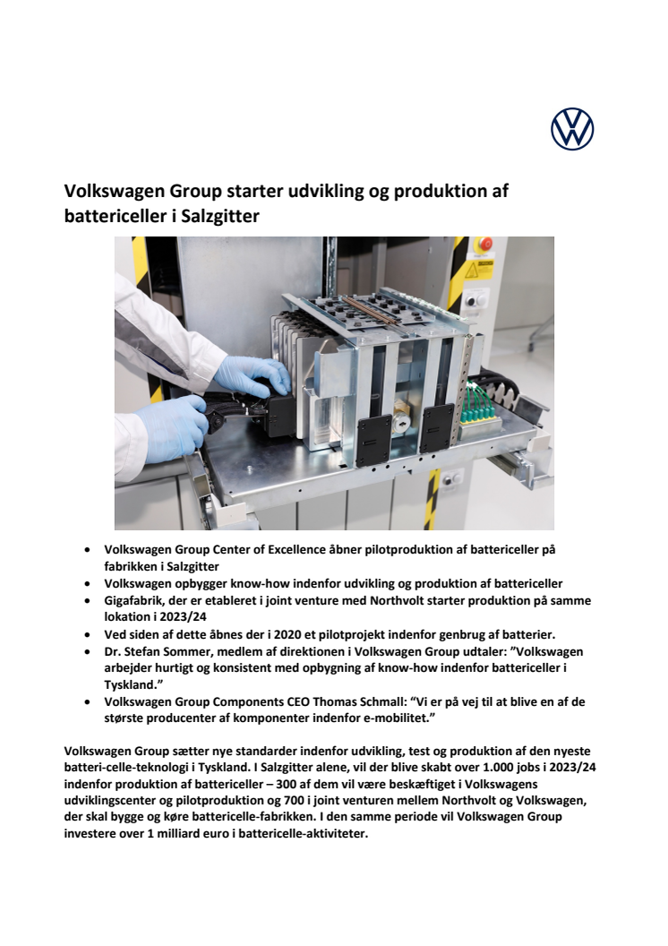 Volkswagen Group starter udvikling og produktion af battericeller i Salzgitter