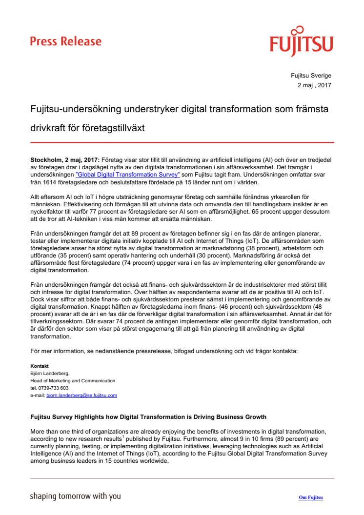 Fujitsu-undersökning understryker digital transformation som främsta drivkraft för företagstillväxt