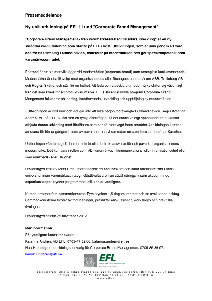 Ny unik utbildning på EFL i Lund "Corporate Brand Management"