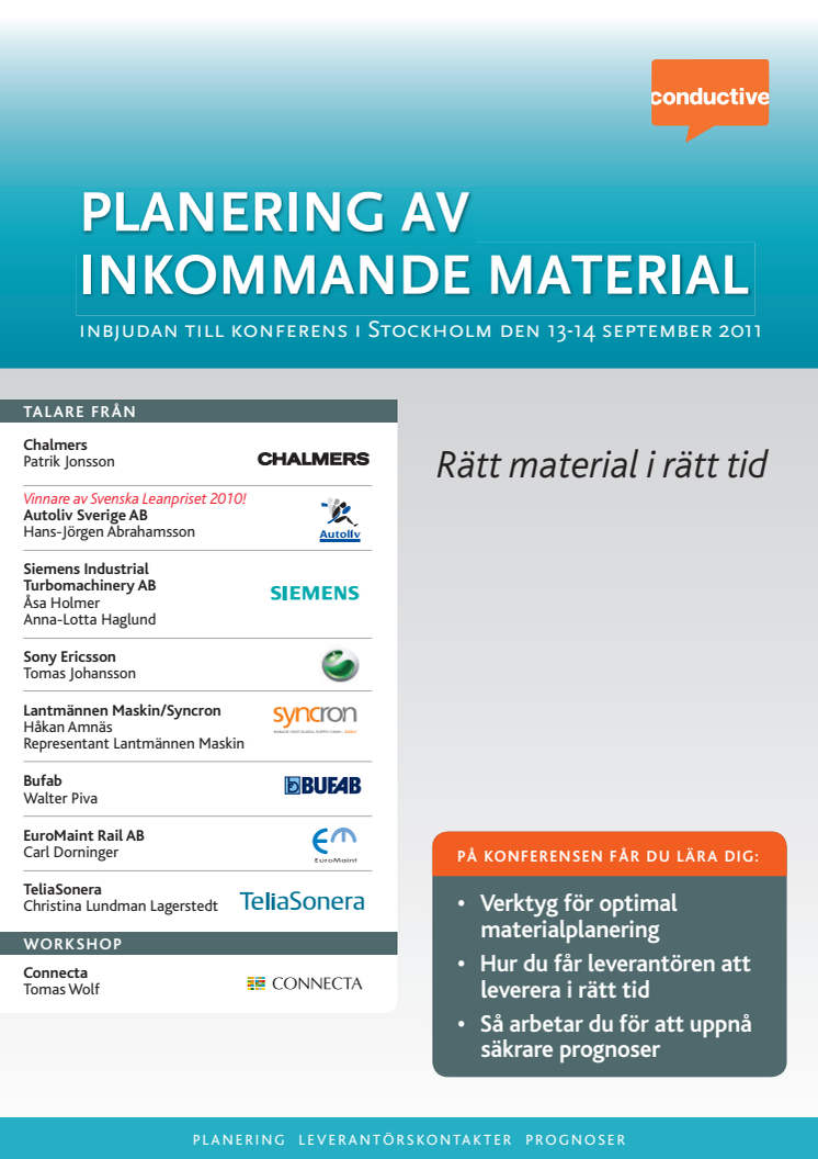 Planering av inkommande material, konferens 13-14 september